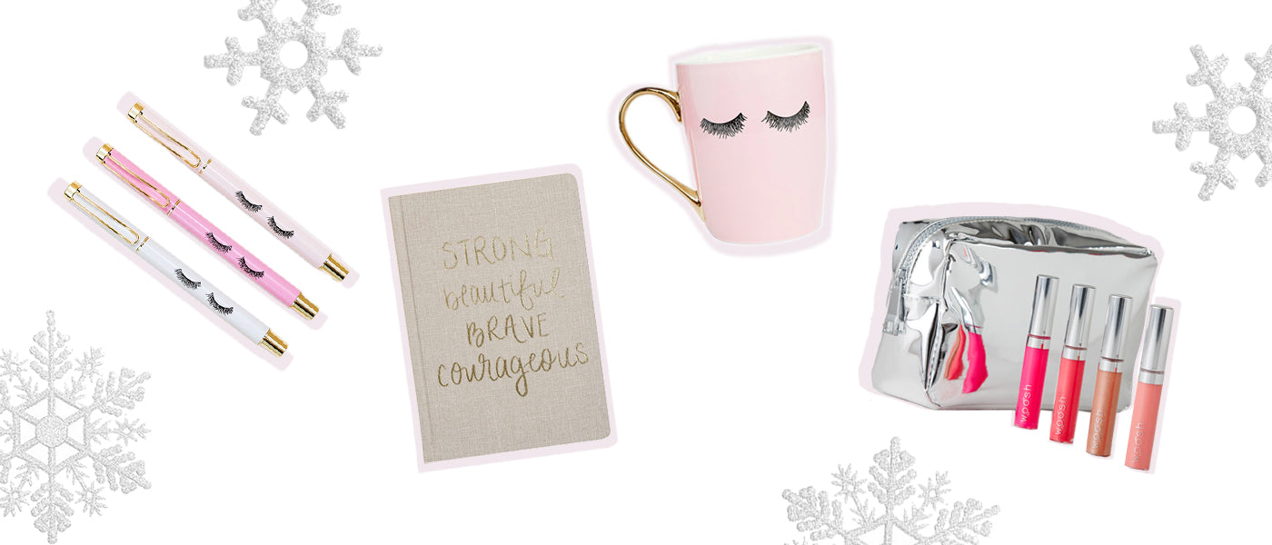 Collage of different products found on Woosh Beauty website: Pens, notebooks, spin-on lip glosses, and a mug