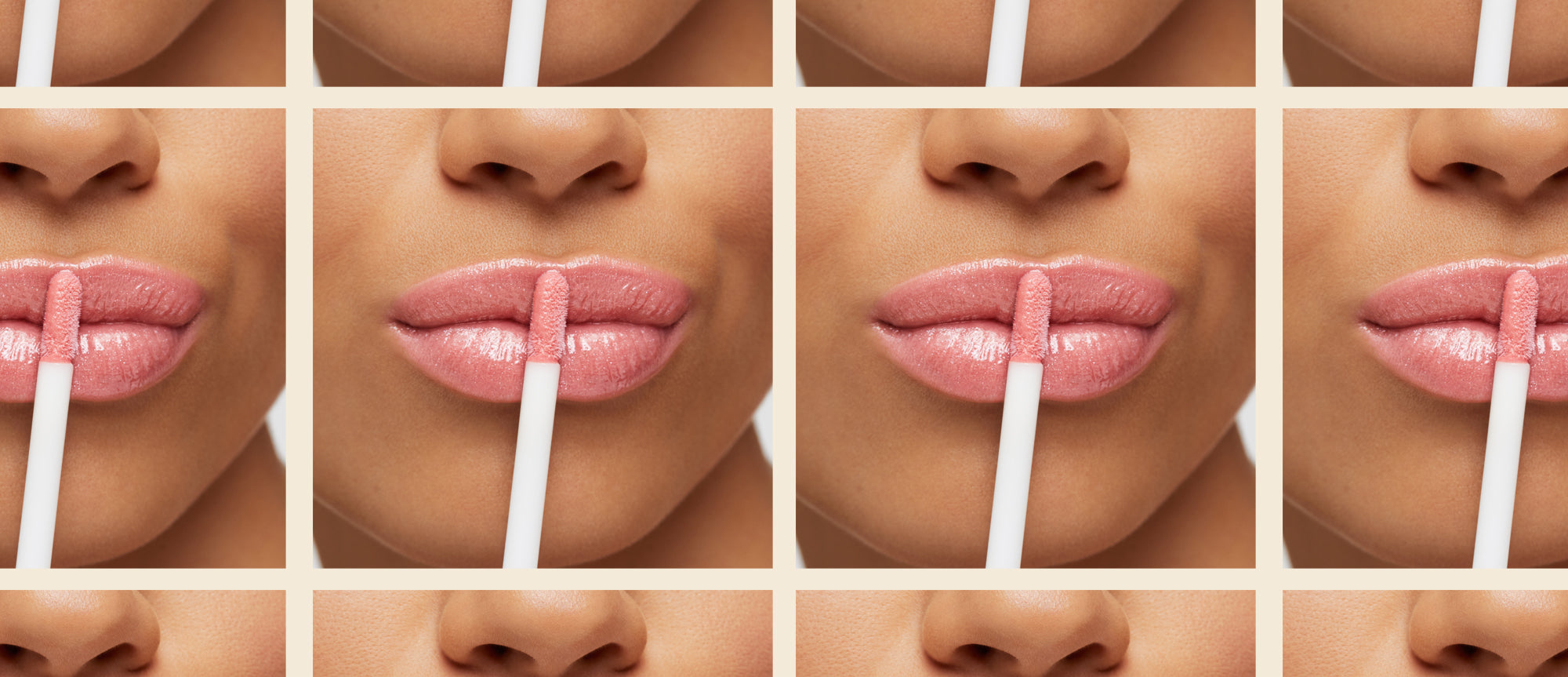 an image of full, pouty lips coated in peachy pink tinted woosh beauty lip gloss