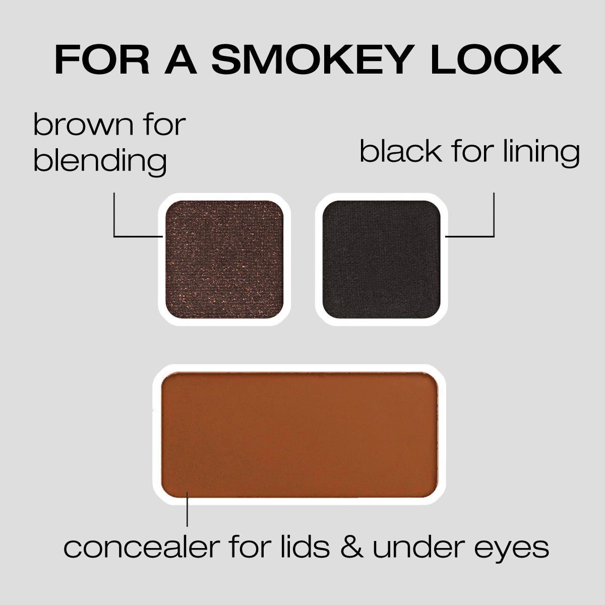 For a Smokey Look: Brown for blending, black for lining, concealer for lids & Under eyes