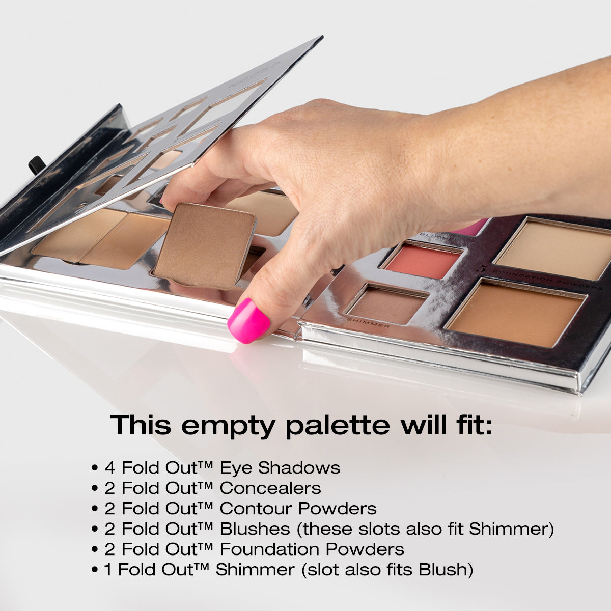 a photo of a silver makeup palette with a woman's hand showing how to remove and replace one of the individual pans of makeup inside