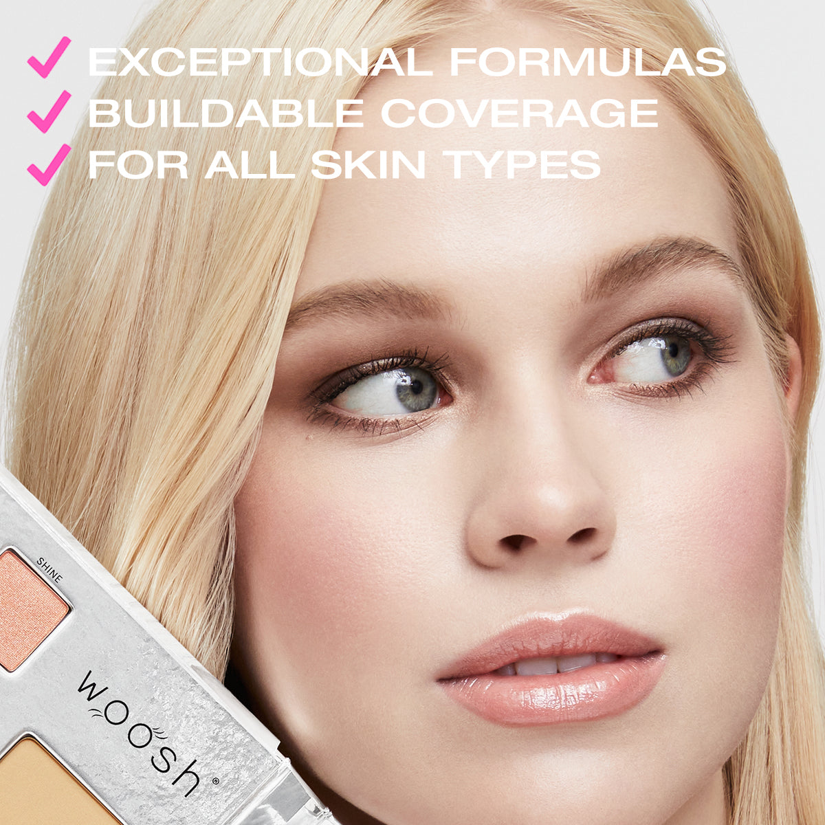 Exceptional formulas, buildable coverage, for all skin types. Close up of model with makeup applied.