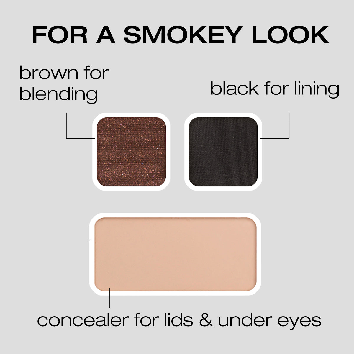 For a Smokey Look: Brown for blending, black for lining, concealer for lids & Under eyes