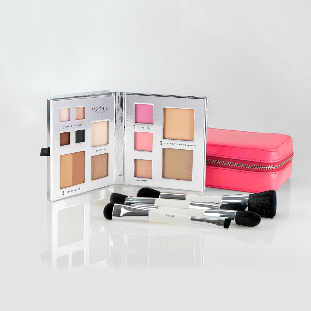 The Jetsetter makeup bundle includes a Fold Out Face 13 pan palette, pink case, and essential brush set with 4 dual-ended brushes