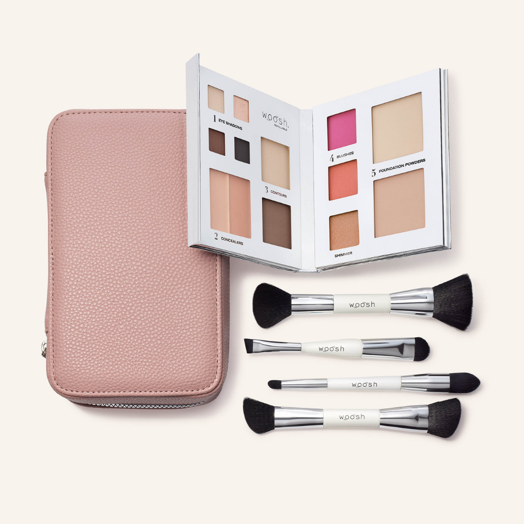 The Jetsetter bundle in shade mauve. The fold out case is the perfect dusty mauve pink shade. Bundle includes the refillable 13 pan Fold out Face palette and he dual ended. vegan, synthetic brush set. Brush set includes a contour brush, eye shadow brush with liner end, concealer brush, and a blush and foundation powder brush