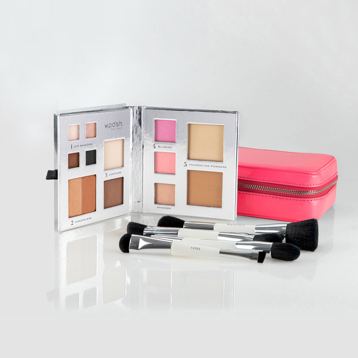 The Jetsetter makeup bundle includes a Fold Out Face 13 pan palette, pink case, and essential brush set with 4 dual-ended brushes