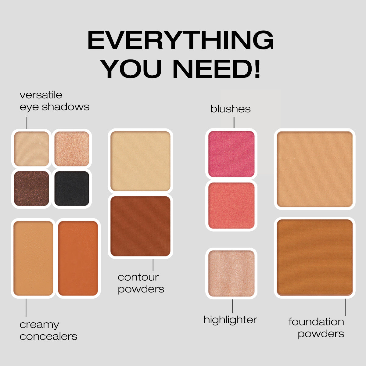 Everything you need: Versatile eye shadows, creamy concealers, contour powders, blushes, highlighter, foundation powders