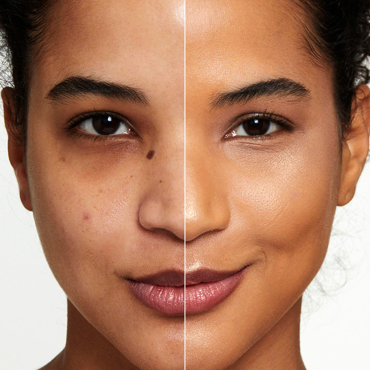 a side by side before and after of a model showing how effectively the products in Fold Out Complexion cover blemishes, under eye circles & uneven skin tone