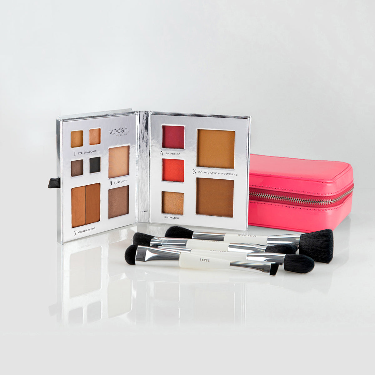 The Jetsetter makeup bundle includes a Fold Out Face 13 pan palette, pink case, and essential brush set with 4 dual-ended brushes