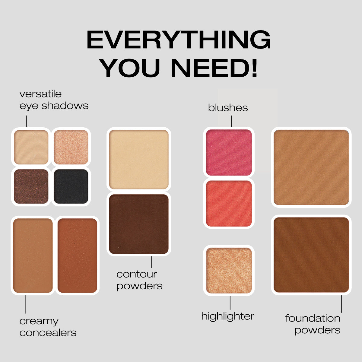 Everything you need: Versatile eye shadows, creamy concealers, contour powders, blushes, highlighter, foundation powders