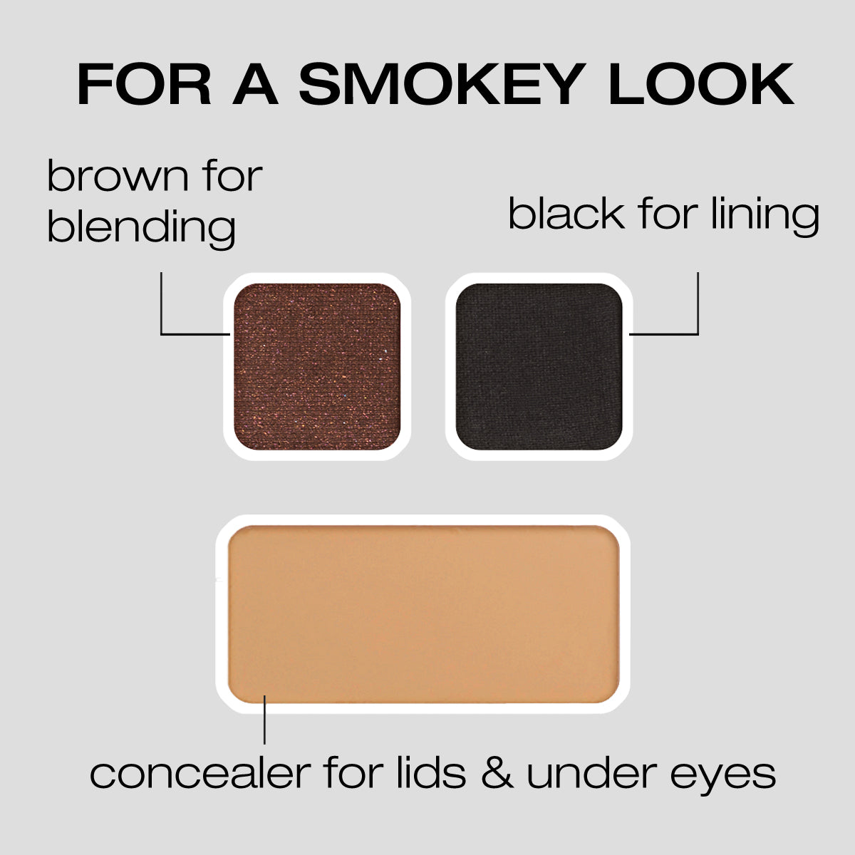 For a Smokey Look: Brown for blending, black for lining, concealer for lids & Under eyes