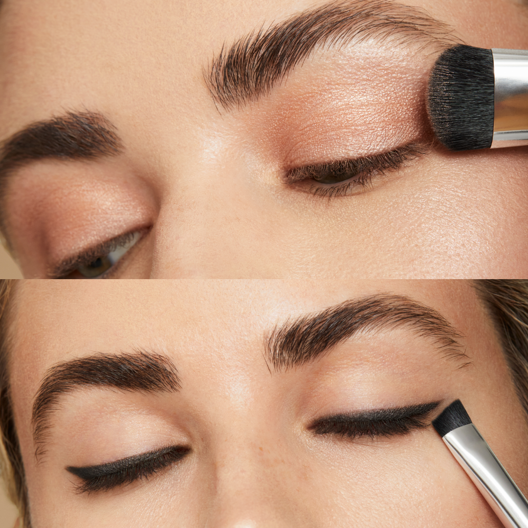 Model sweeping eye shadow on lids with the larger end of the Essential Eye Brush
and model sweeping eyeshadow eye liner onto lash line