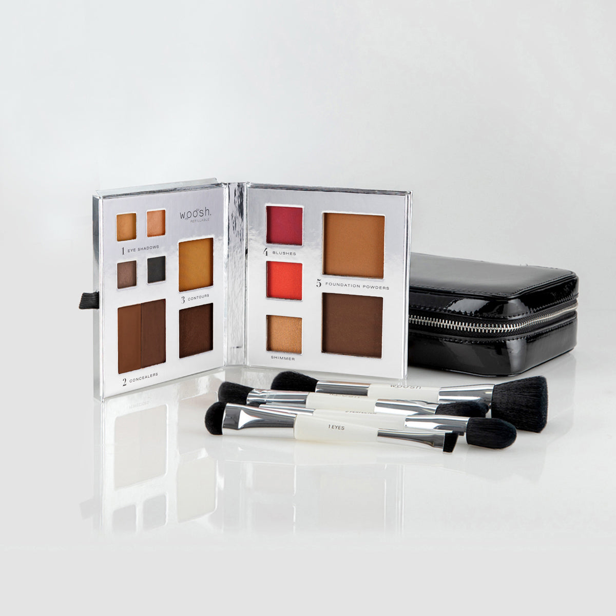 The Jetsetter makeup bundle includes a Fold Out Face 13 pan palette, black case, and essential brush set with 4 dual-ended brushes