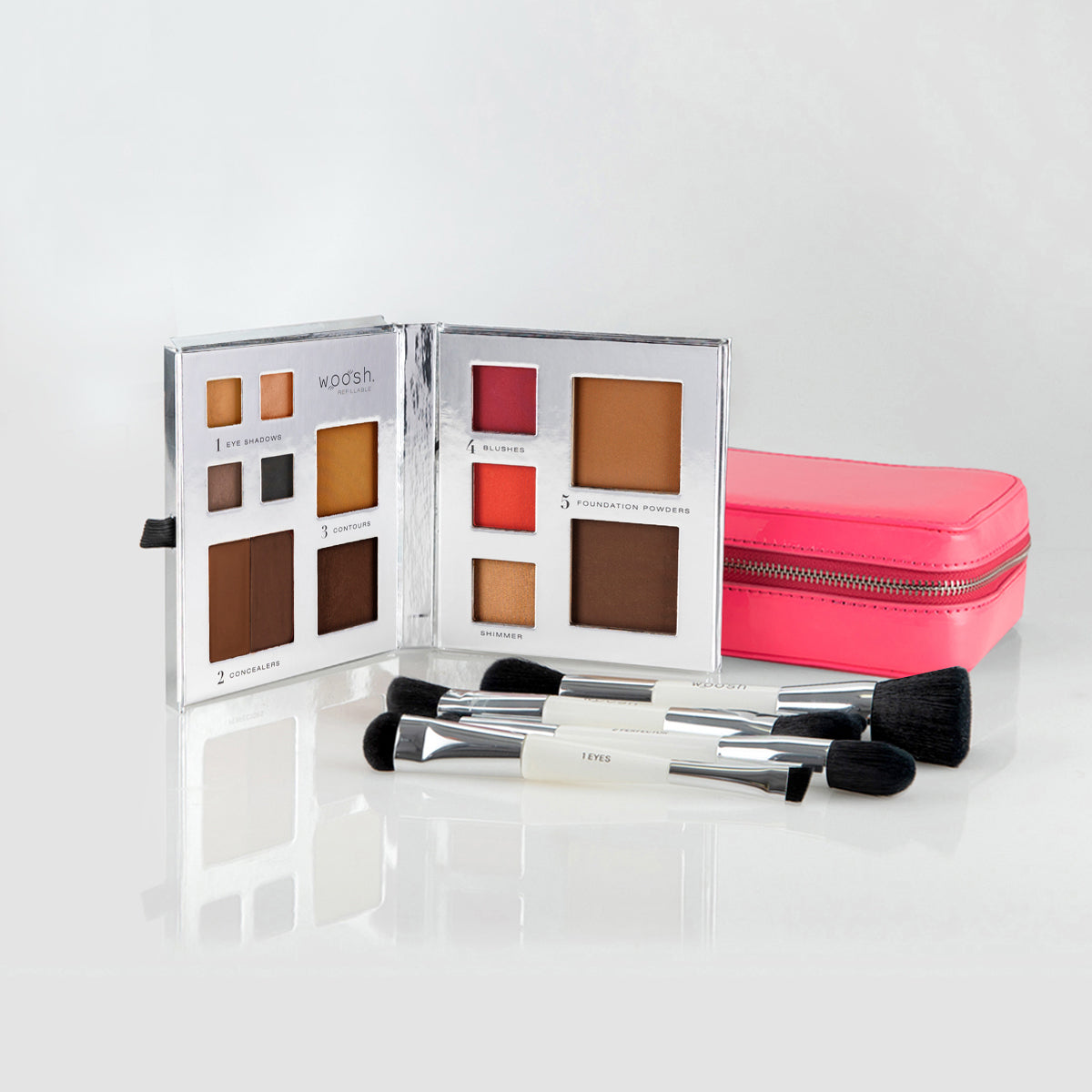 The Jetsetter makeup bundle includes a Fold Out Face 13 pan palette, pink case, and essential brush set with 4 dual-ended brushes