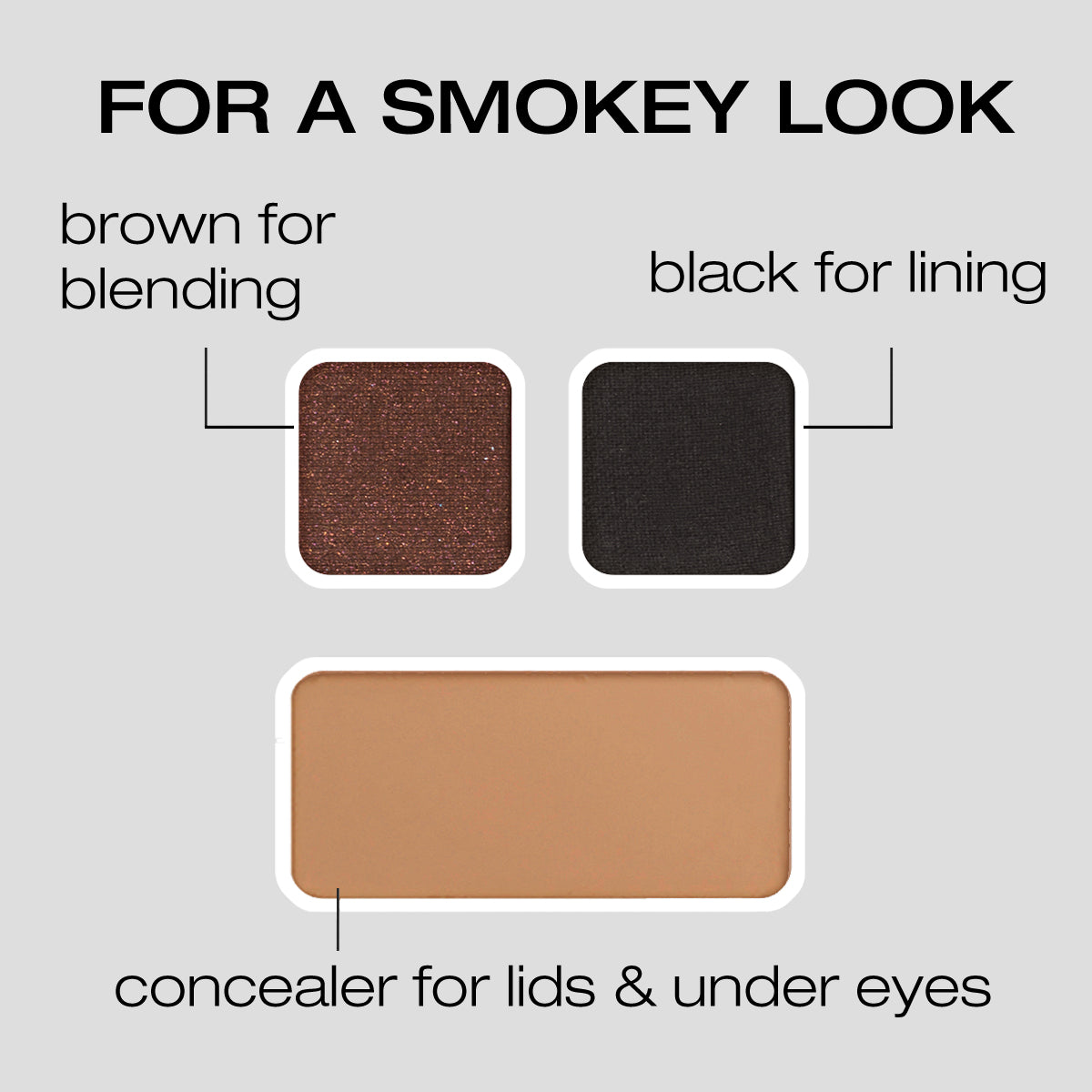 For a Smokey Look: Brown for blending, black for lining, concealer for lids & Under eyes