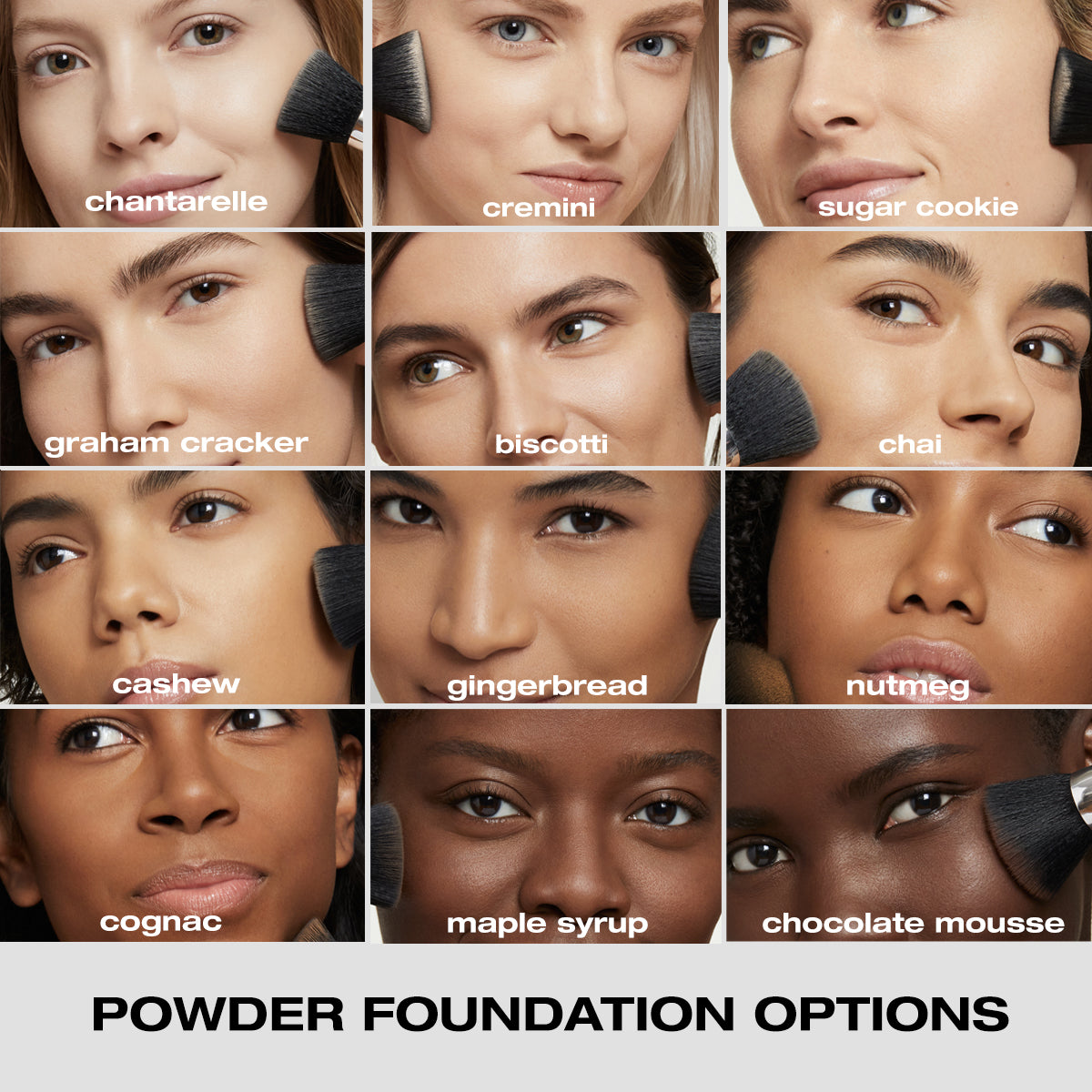 Powder foundation options from lightest to darkest: Chantarelle, cremini, sugar cookie, graham cracker, biscotti, chai, cashew, gingerbread, nutmeg, cognac, maple syrup, chocolate mousse