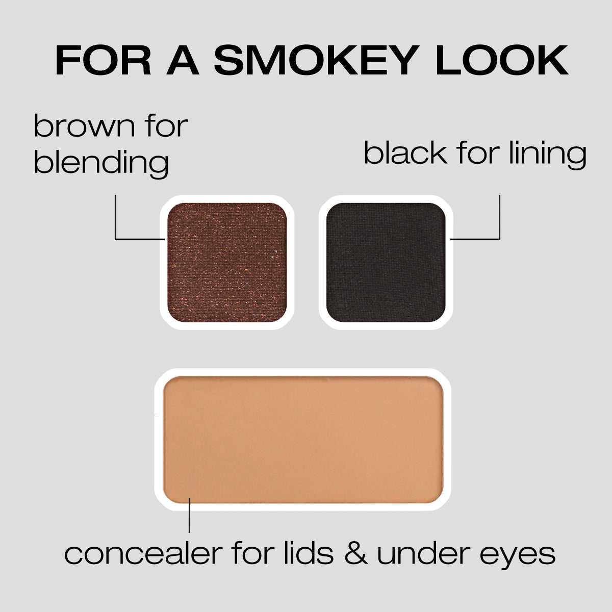 For a Smokey Look: Brown for blending, black for lining, concealer for lids & Under eyes