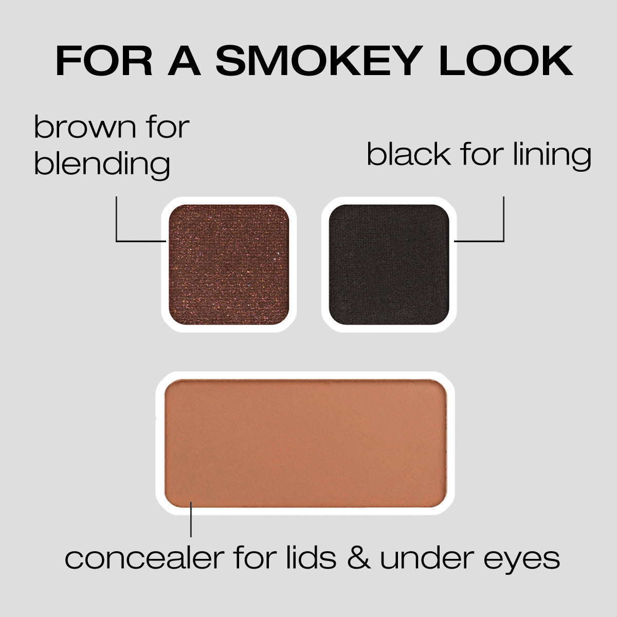 For a Smokey Look: Brown for blending, black for lining, concealer for lids & Under eyes