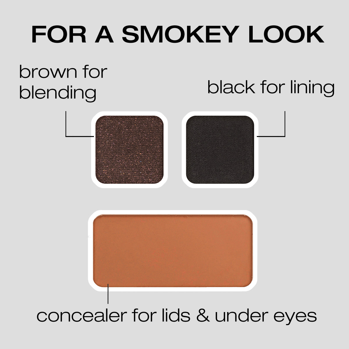 For a Smokey Look: Brown for blending, black for lining, concealer for lids & Under eyes