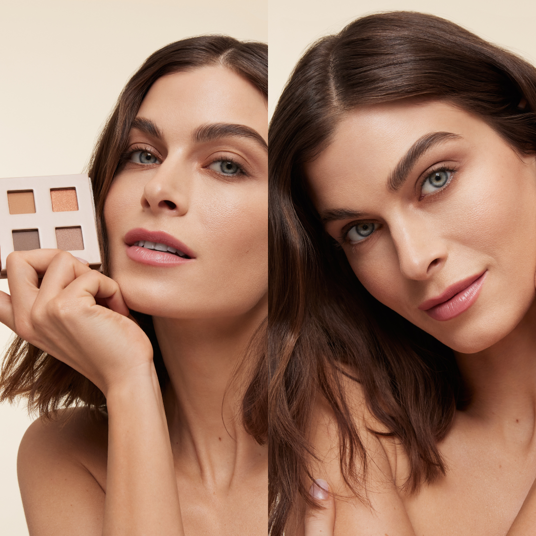 model holding fold out eyes palette with gilded earth quad