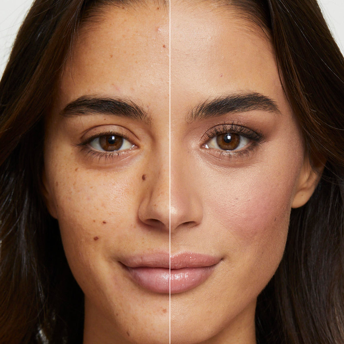 a side by side before and after of a model showing how effectively the products in Fold Out Face cover blemishes, add natural-looking color and create a smooth, beautiful skin tone