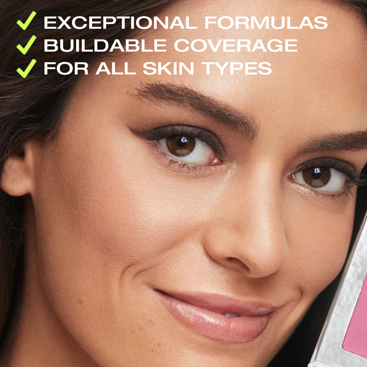 a photo of a beautiful woman with copy on top stating that the coverage in the Fold Out Face is buildable, and the formulas are clean & good for all skin types