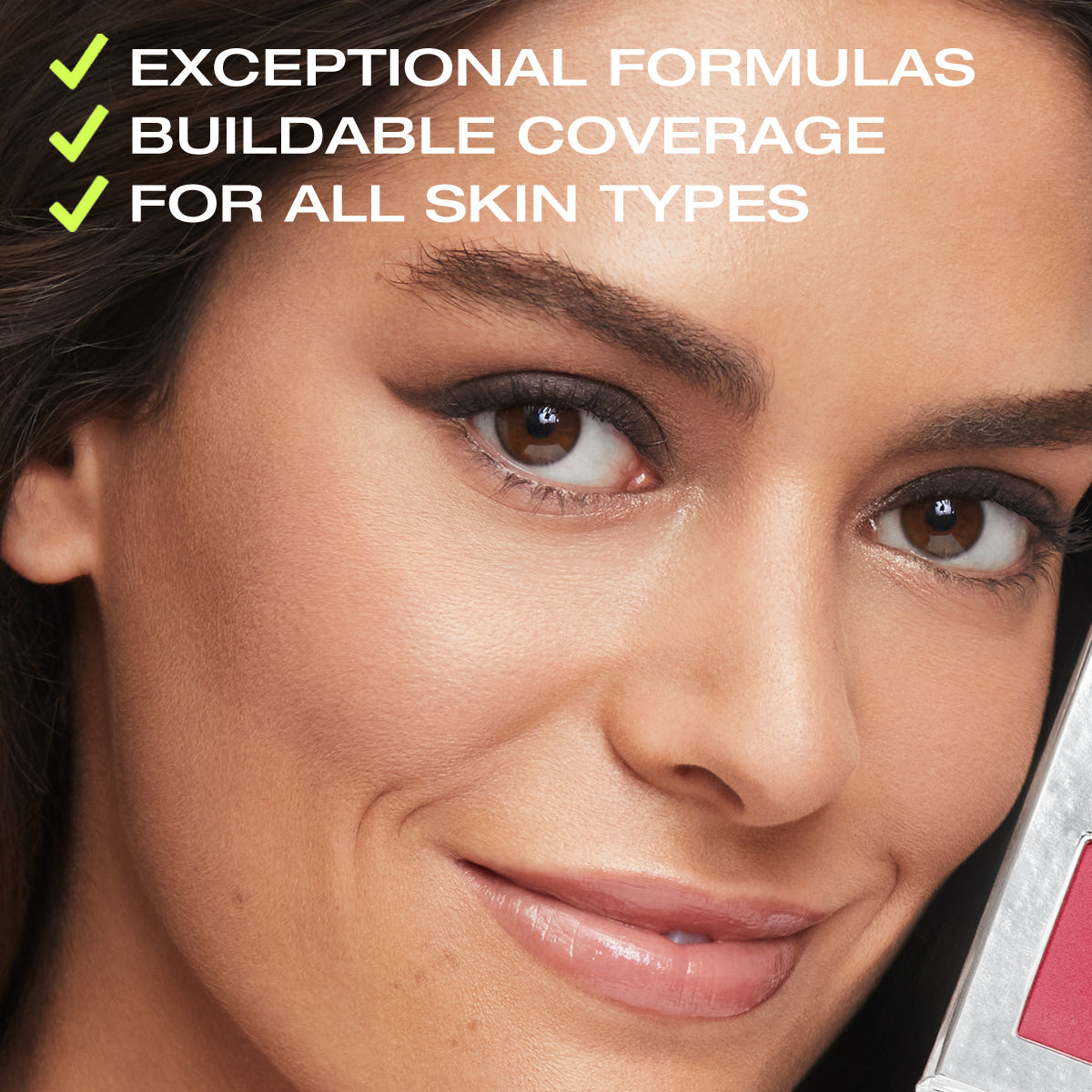 a photo of a beautiful woman with copy on top stating that the coverage in the Fold Out Face is buildable, and the formulas are exceptional & good for all skin types