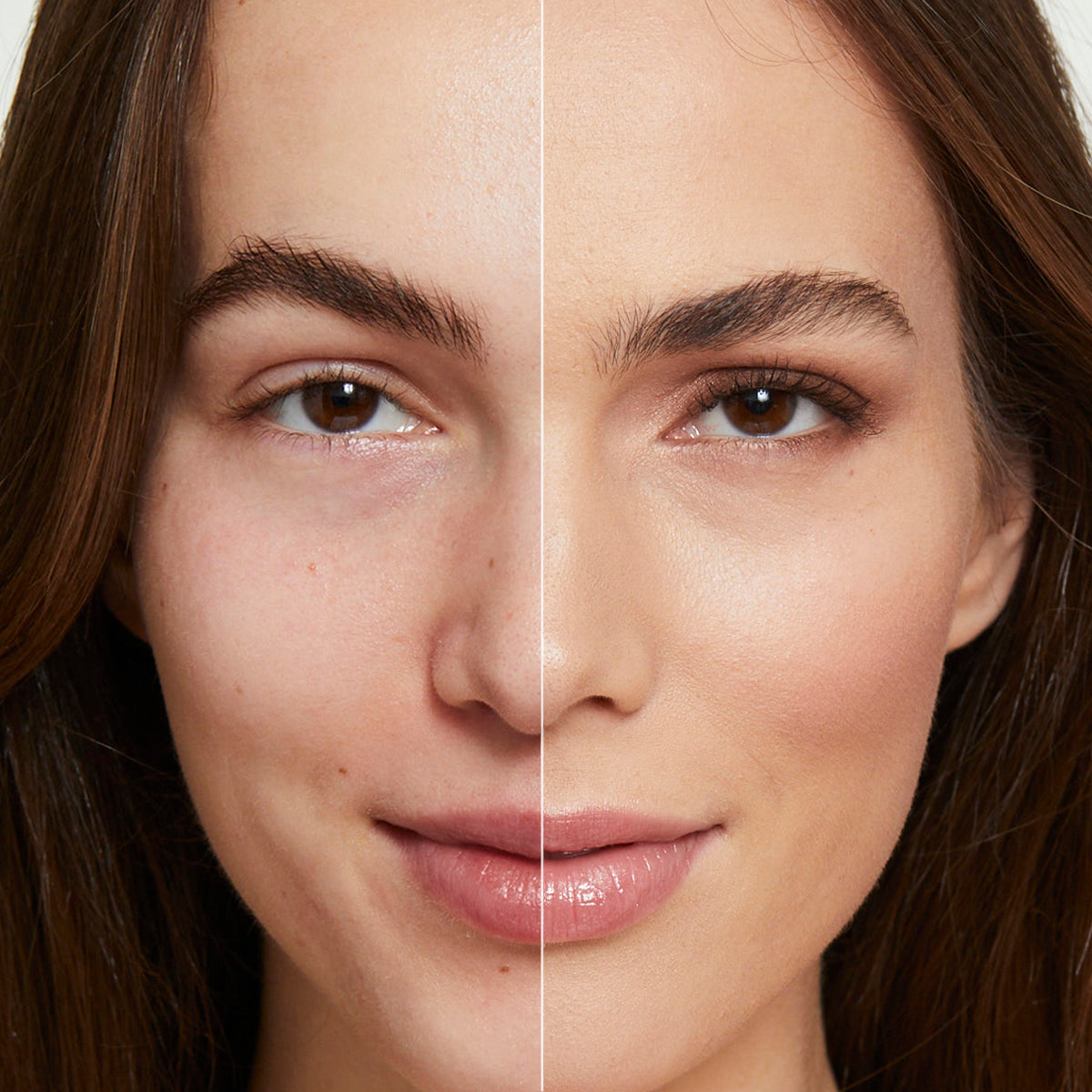a side by side before and after of a model showing how effectively the products in Fold Out Face cover blemishes, add natural-looking color and create a smooth, beautiful skin tone