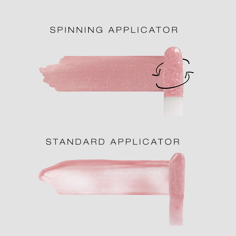 Woosh Beauty Spin-On lip gloss applicator applies more densely and thoroughly compared to a standard applicator