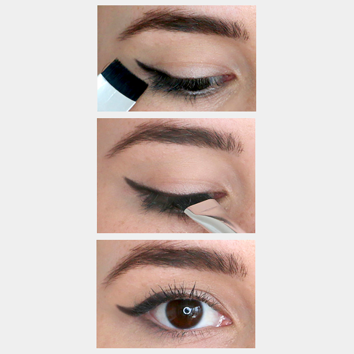 Three images demonstrating how to use the arc brush on upper lash line to create a simple cat eye look