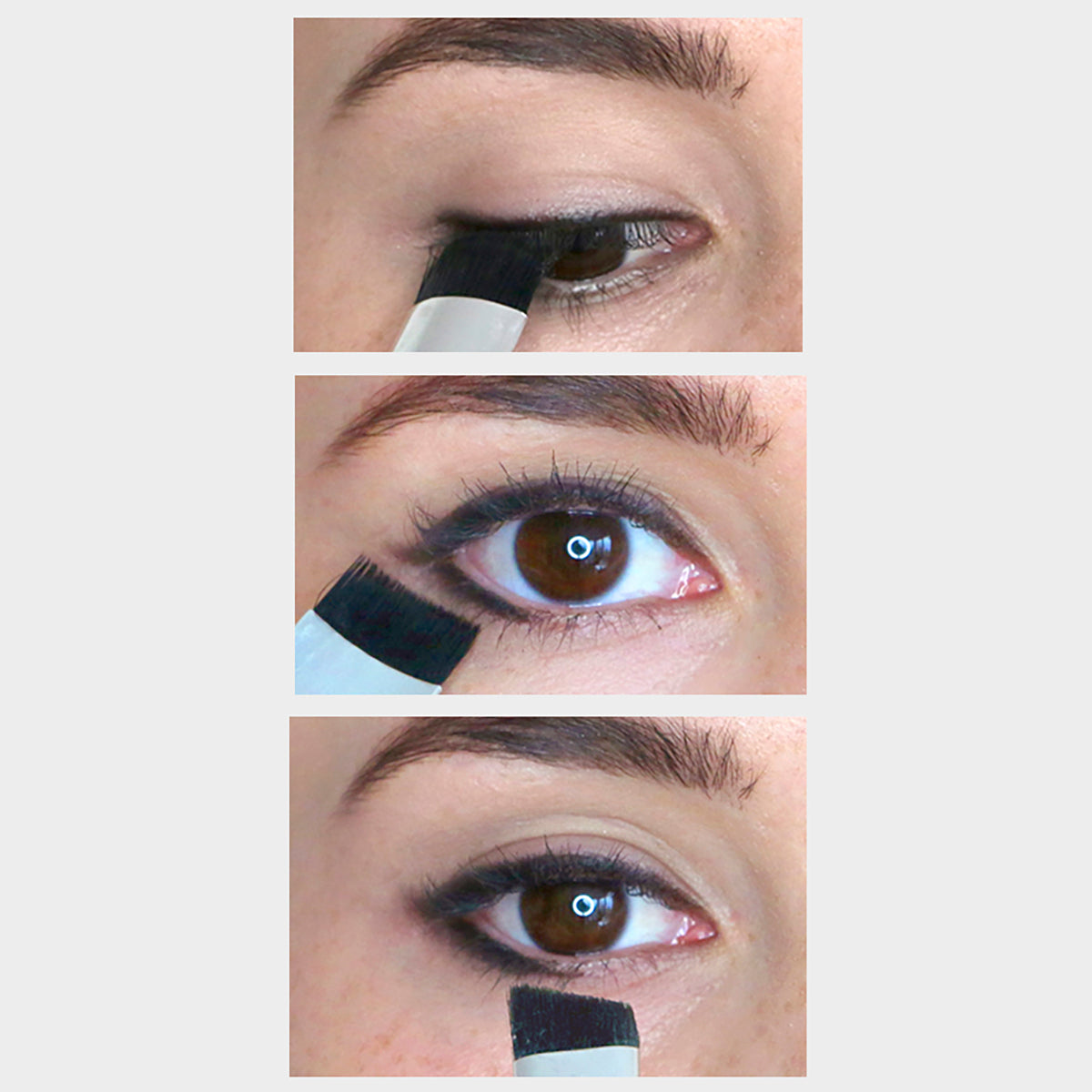 Three images demonstrating how to use the curved and angled end of the arc brush on the upper and lower lash line to line your eyes.