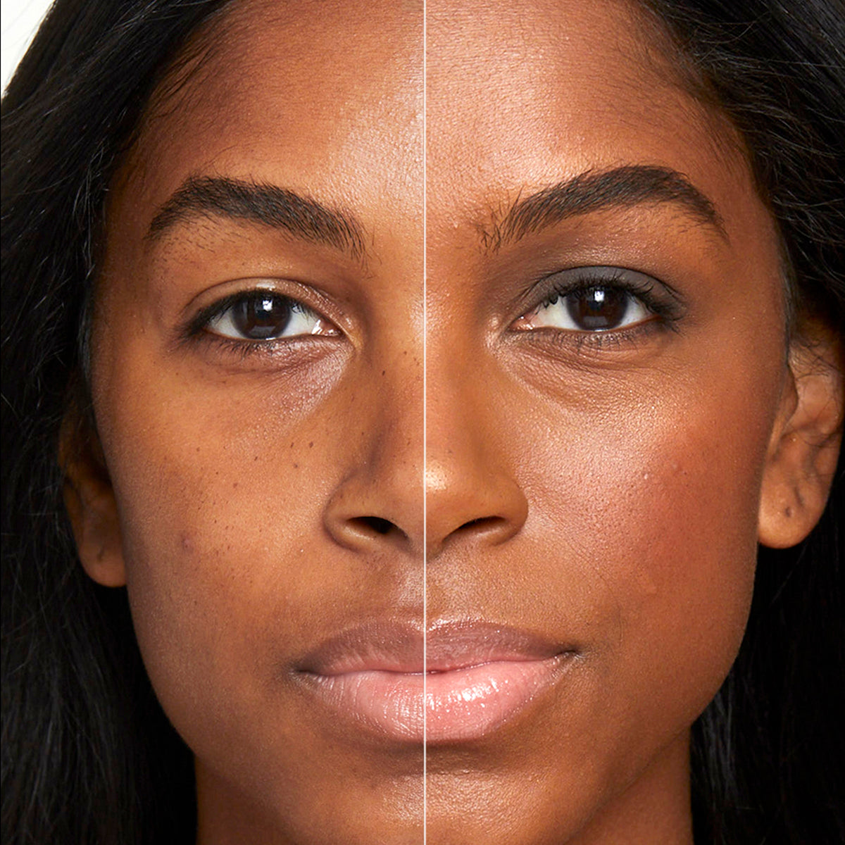 a side by side before and after of a model showing how effectively the products in Fold Out Face cover blemishes, add natural-looking color and create a smooth, beautiful skin tone