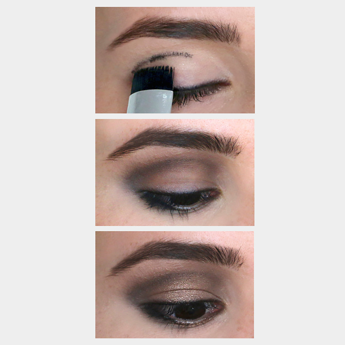 Three images demonstrating how to use the curved end of the Arc brush to create a cut crease eyeshadow look. 