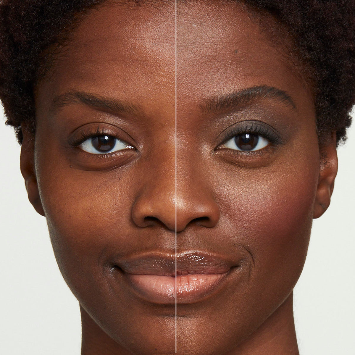 a side by side before and after of a model showing how effectively the products in Fold Out Face cover blemishes, add natural-looking color and create a smooth, beautiful skin tone