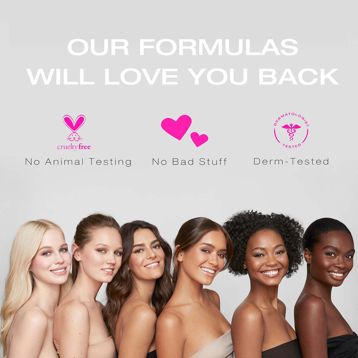 an image of 6 women of different skin tones that also states that the formulas in the Woosh Beauty Fold Out Face are dermatologist-tested, contain no bad ingredients and have not been tested on animals