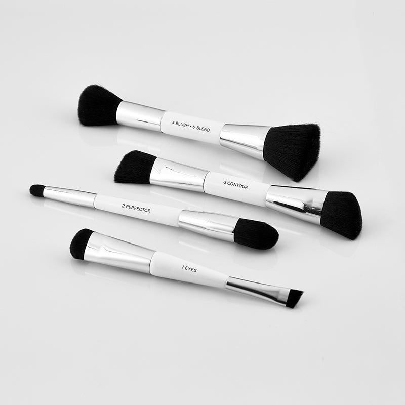 4 dual-ended essential makeup brushes in a set includes an eye brush, a concealer brush, a contour brush and a blush and blend brush, all numbered to correspond with the fold out face 