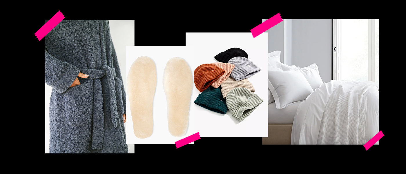 Collage of products: Robe, slippers, beanies, and bed sheets