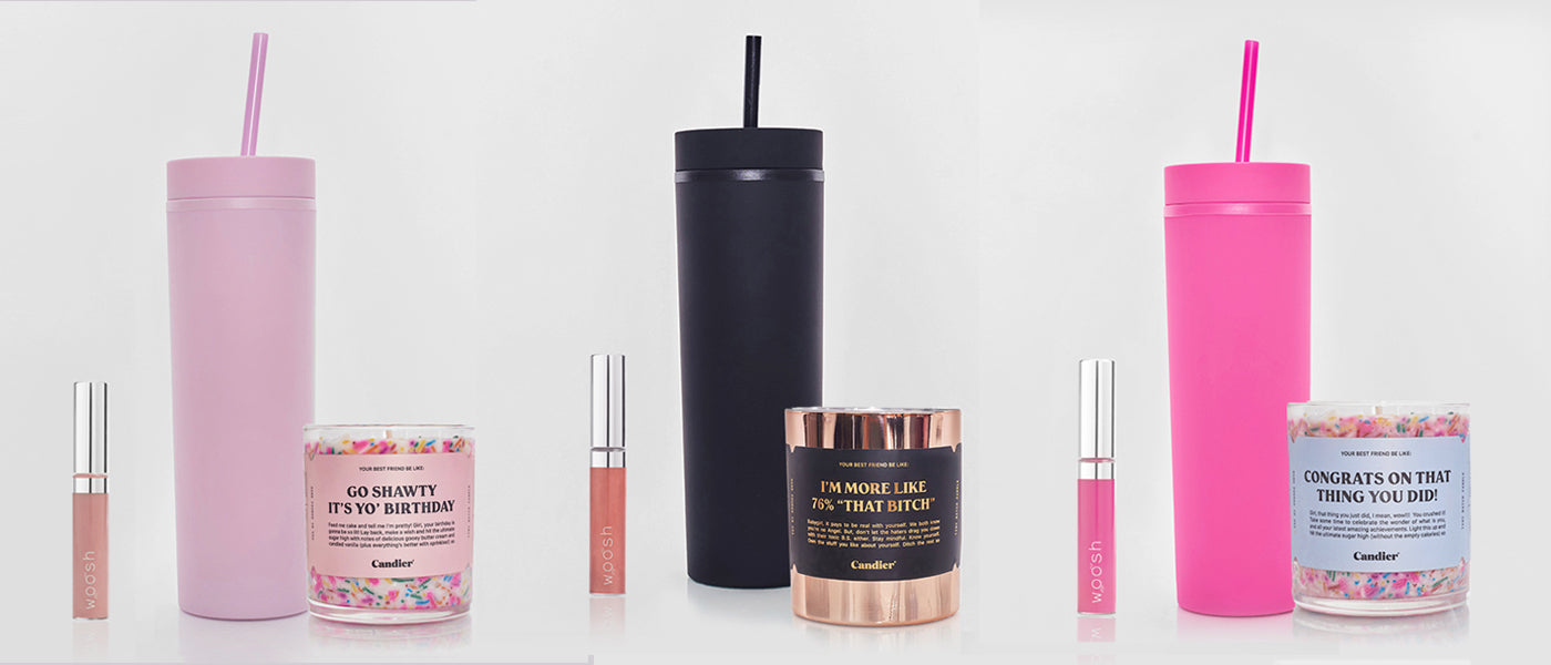 Three bundle options feature a tumbler, candle, and spin-on Woosh Beauty lip gloss
