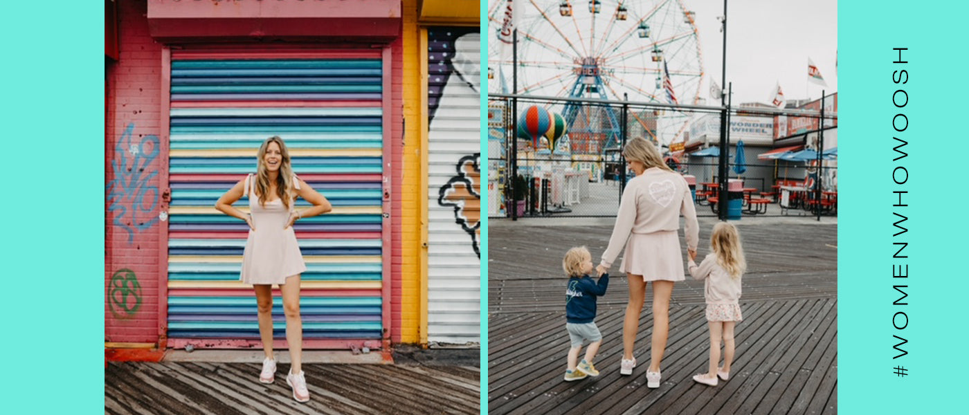 Full body image of Lauren Gabrielson and her two kids and her at a Carnival