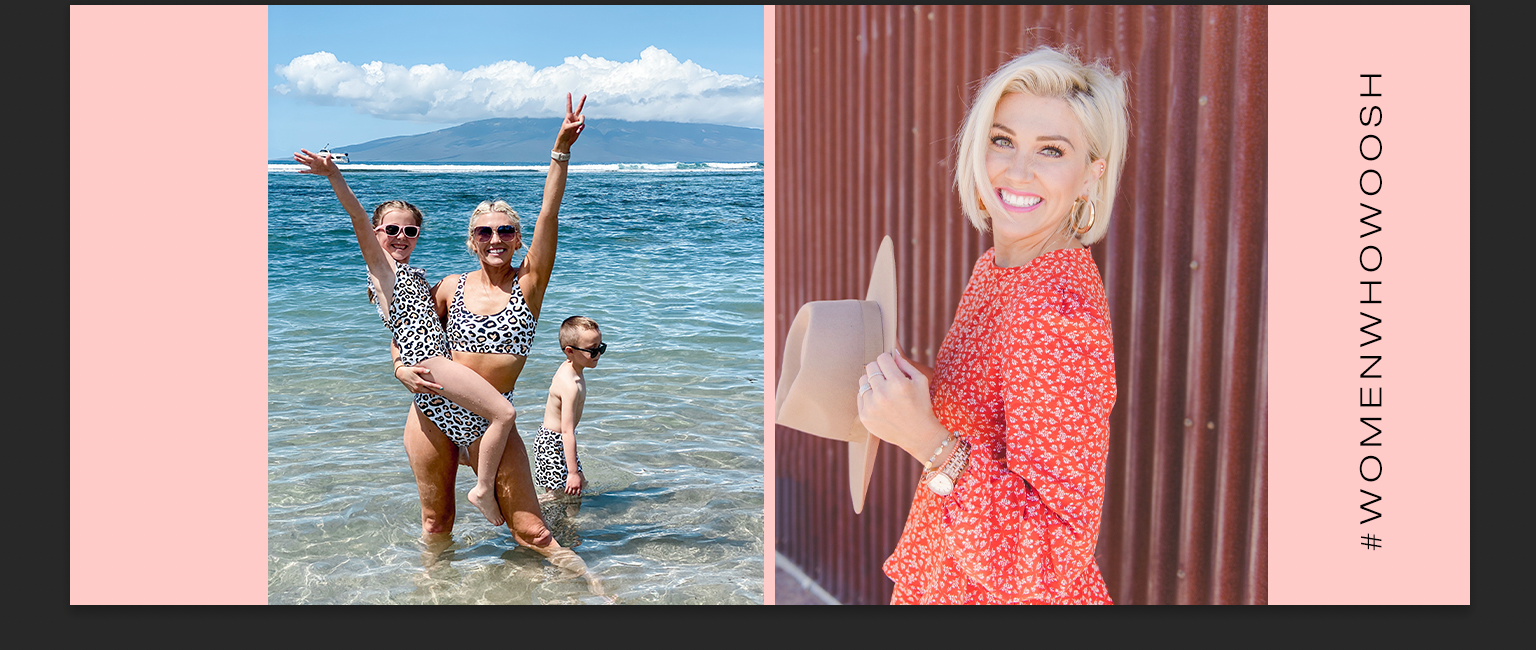 Laura Burtis and her kids in matching swimsuits and a headshot of Laura Burtis