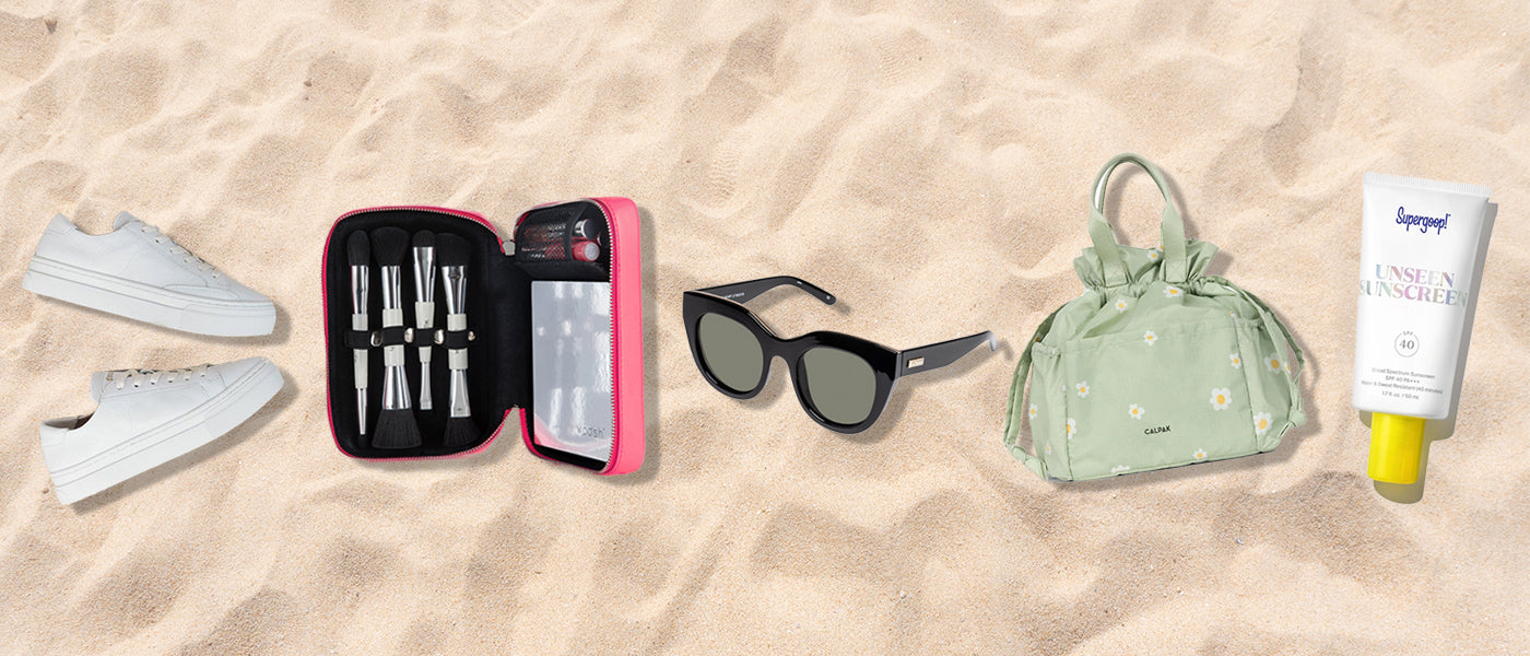 Five essential items: White tennis shoes, Woosh Beauty JetSetter Pack, Black Sunglasses, a Lunch Box, and Sunscreen