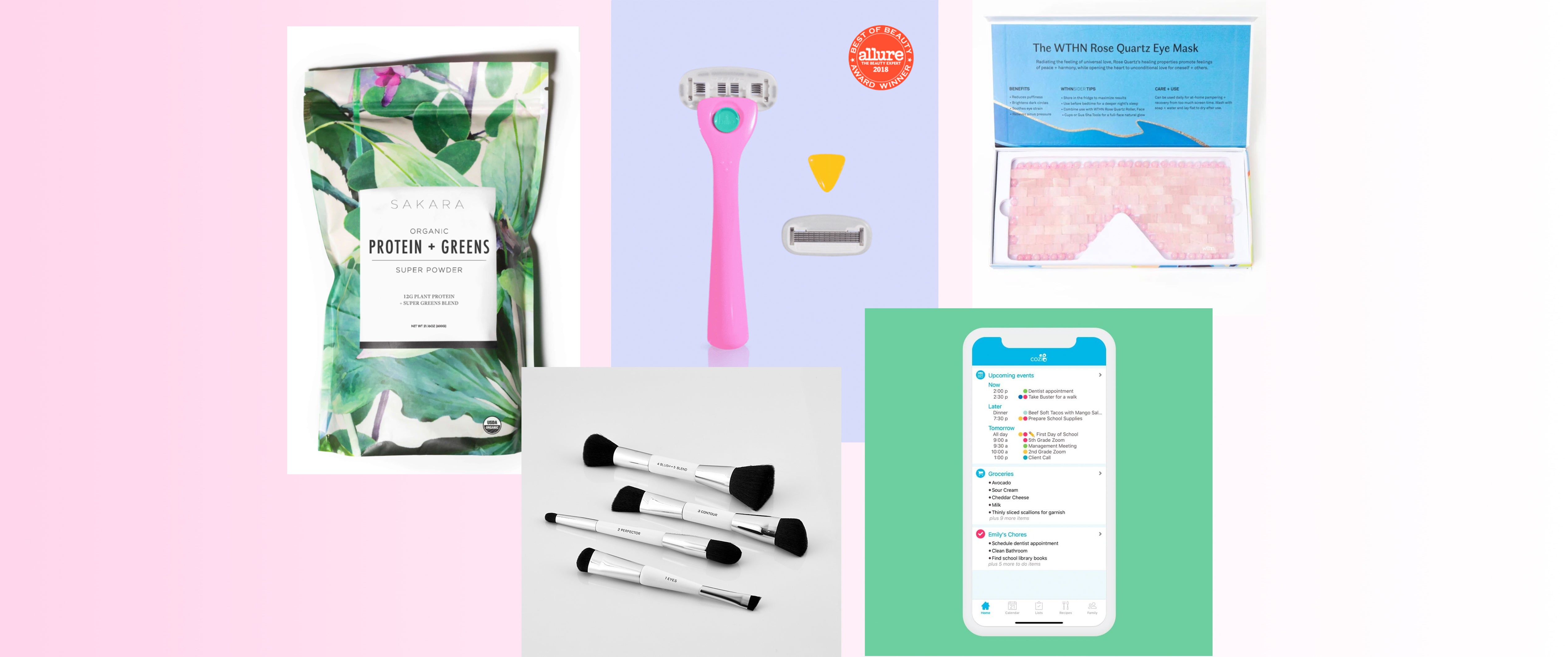 Collage of products: Protein powder, razor, eye mask, essential makeup brushes, and mobile app