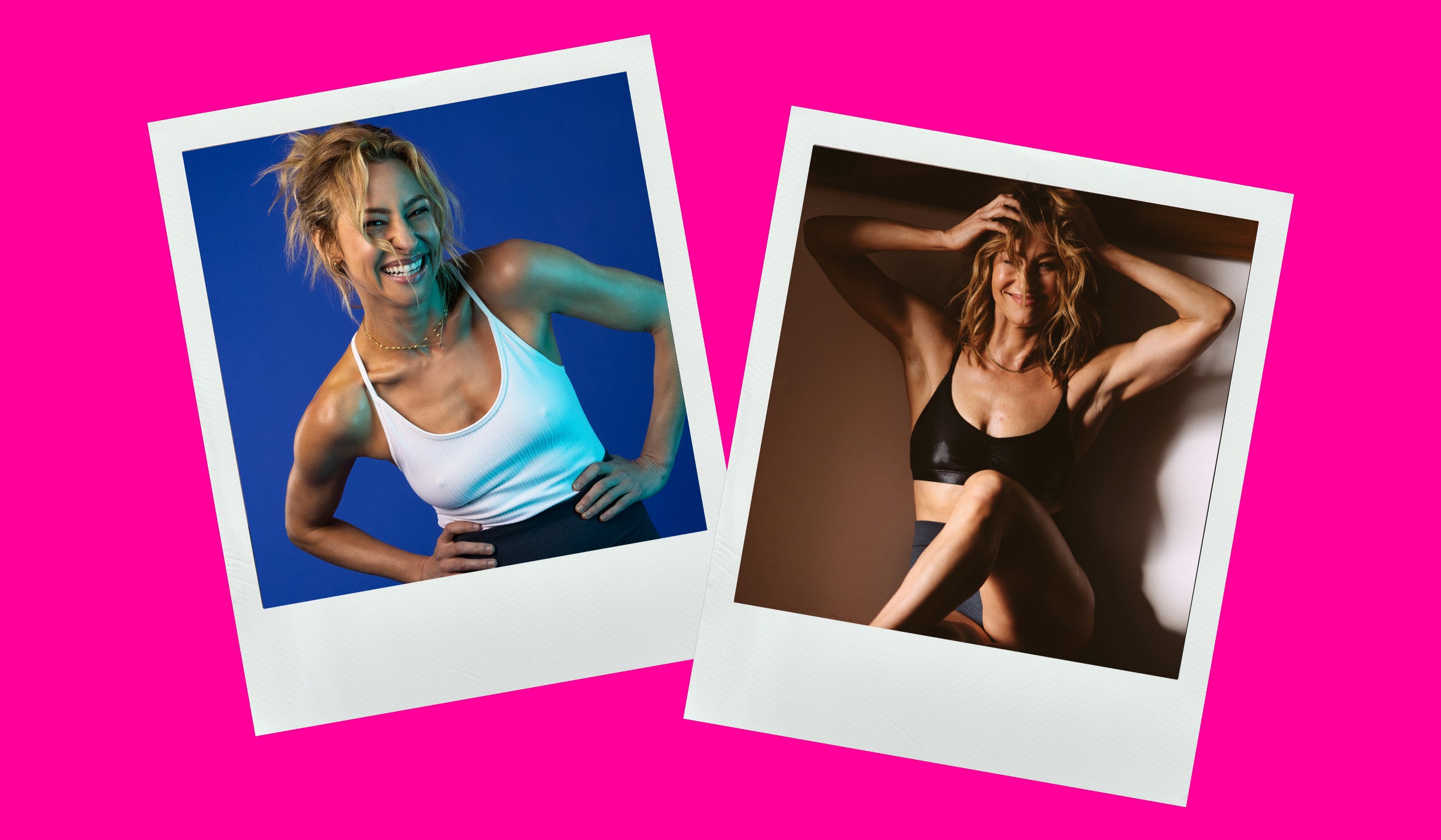 Two polaroid images of fitness trainer Marnie Alton posing in athletic wear