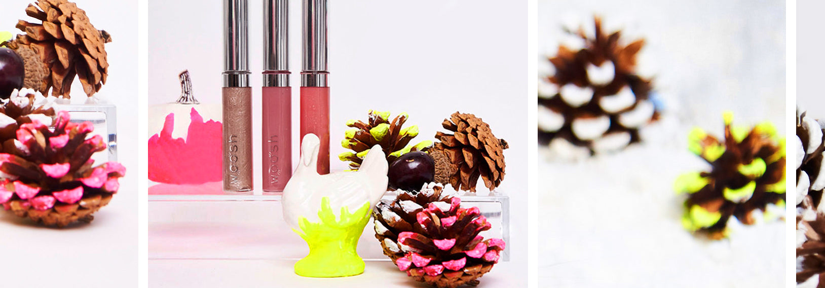 3 Spin-on lip glosses displayed with colorful pinecones