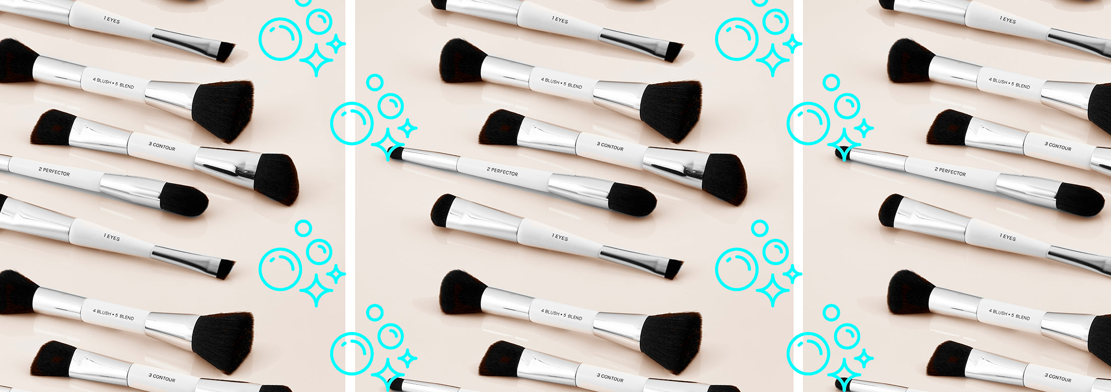 The essential makeup brushes in front of a bubble and pink background