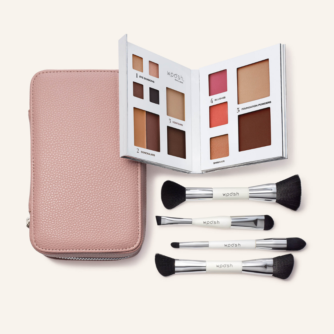 The Jetsetter bundle in shade mauve. The fold out case is the perfect dusty mauve pink shade. Bundle includes the refillable 13 pan Fold out Face palette and he dual ended. vegan, synthetic brush set. Brush set includes a contour brush, eye shadow brush with liner end, concealer brush, and a blush and foundation powder brush