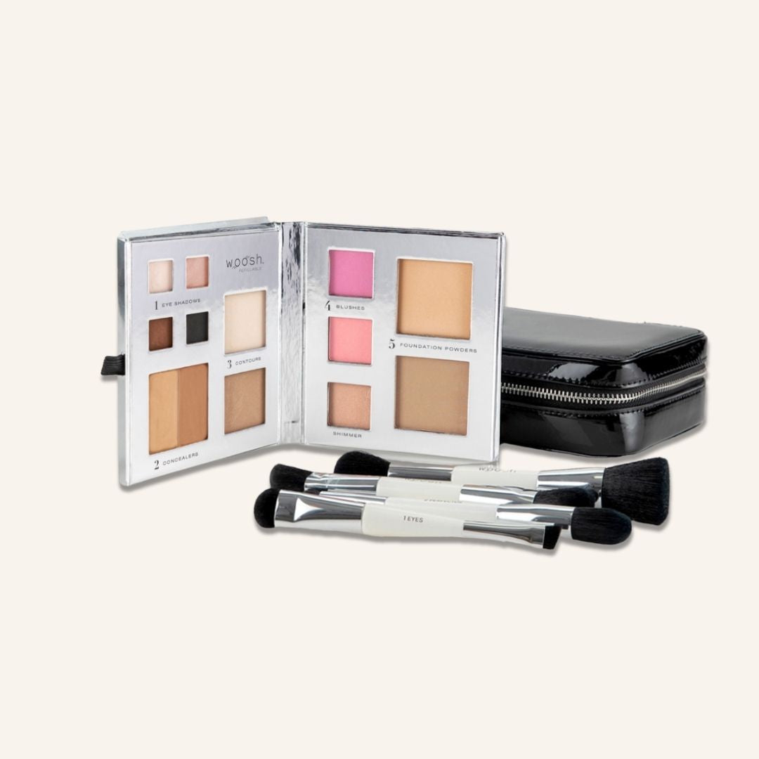 The Jetsetter bundle with our black case, 13-pan Fold out face, and essential brush set. Our fold out face refillable palette contains 4 eyeshadows, 2 concealers, 2 contours, 2 blushes, 1 shimmer highlight and 2 foundation powders. Our brushes are dual ended synthetic vegan brush bristle! 