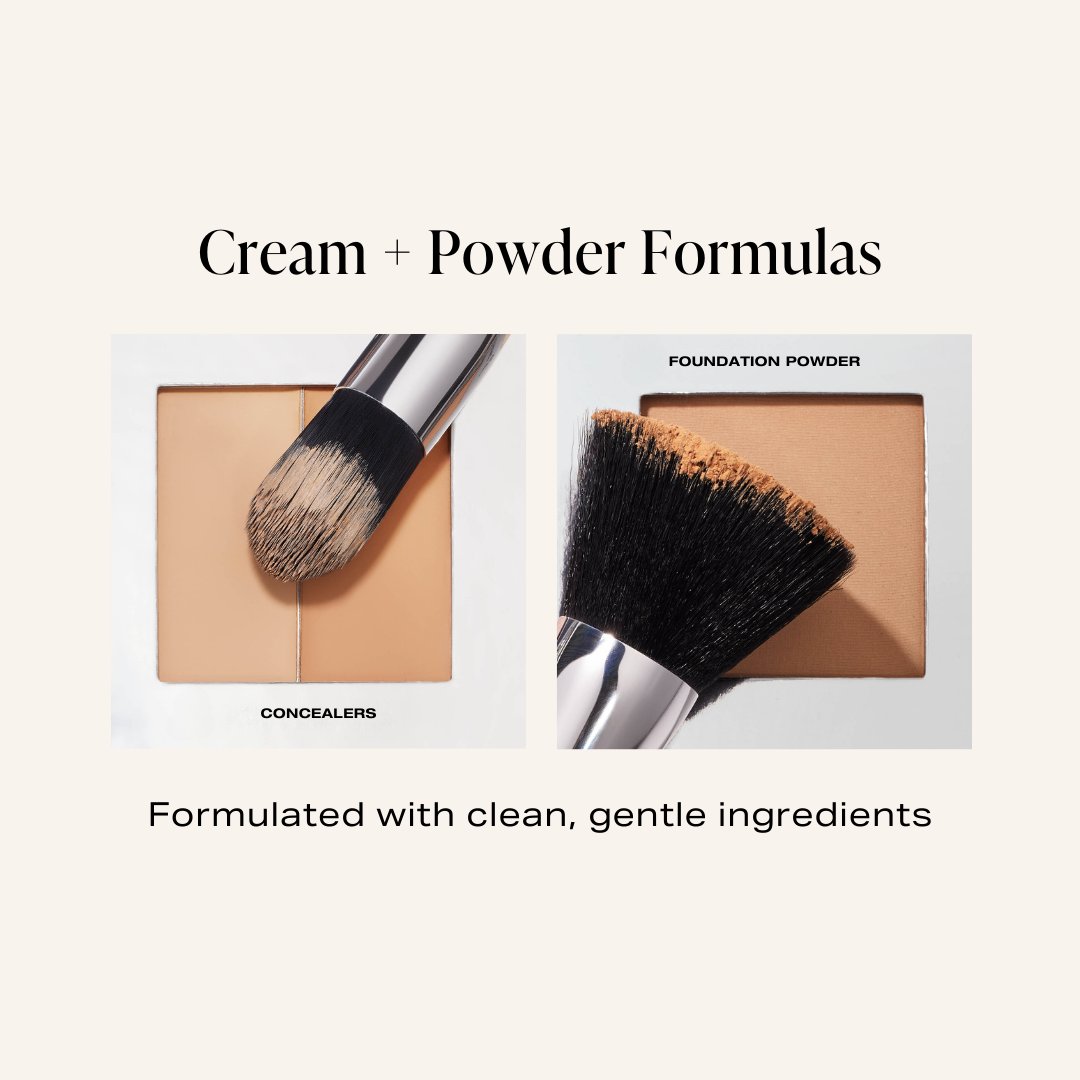 The fold out face includes cream + powder formulas. We have creamy concealer and triple milled foundation powders that feel like silk. All of our products are formulated with clean, gentle ingredients