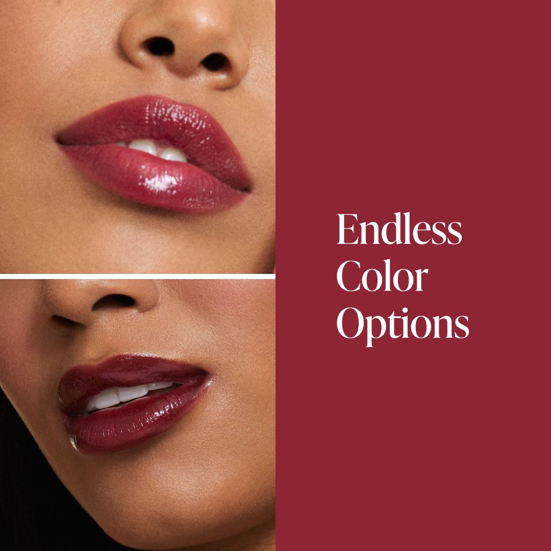 image comparing two models with same lip products on. This is to show the stain and gloss is buildable. Based on how many layers you put will increase the color payoff. To the right of the two models it says Endless Color Options