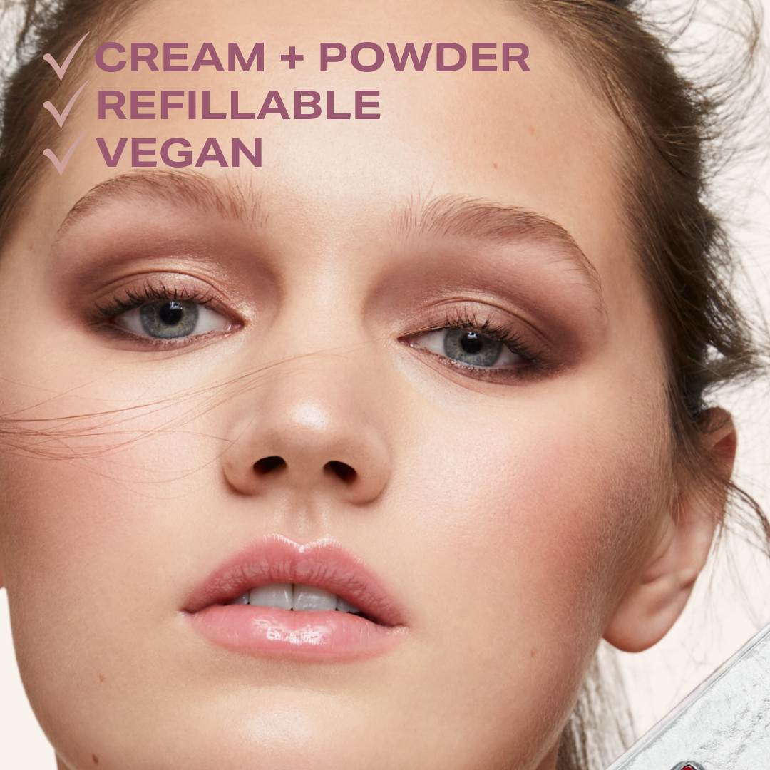 Zoomed in picture of models face showing off makeup. Checklist on image that says Cream + Powder, Refillable, and Vegan in reference to our palette 