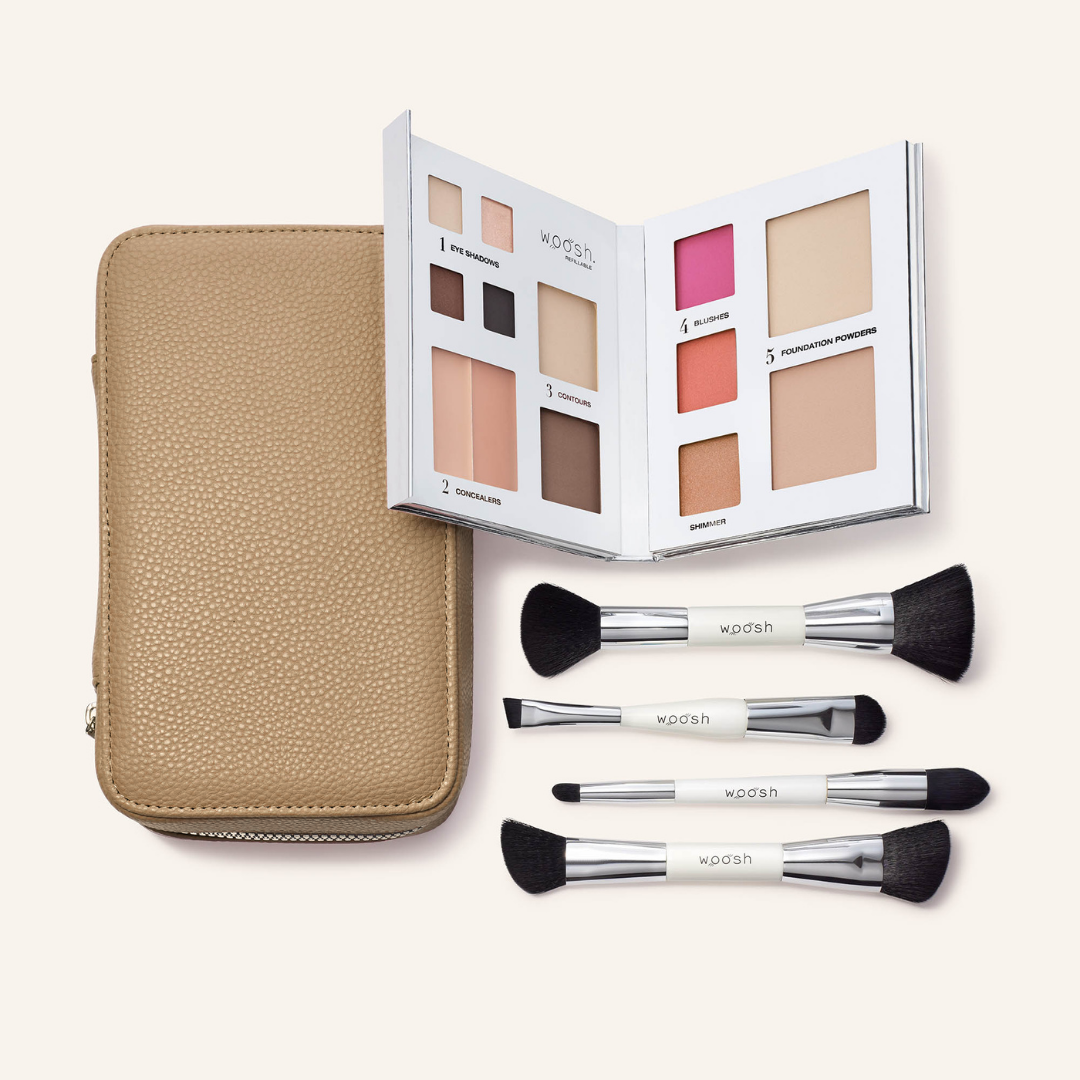 The Jetsetter bundle in shade Sand. The fold out case is the perfect camel tan  shade. Bundle includes the refillable 13 pan Fold out Face palette and he dual ended. vegan, synthetic brush set. Brush set includes a contour brush, eye shadow brush with liner end, concealer brush, and a blush and foundation powder brush